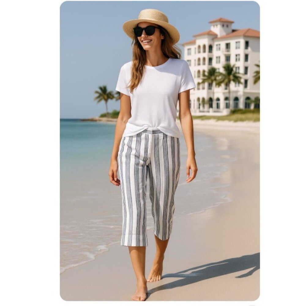 Kaari Blue Navy & White Striped Linen Crop Pants